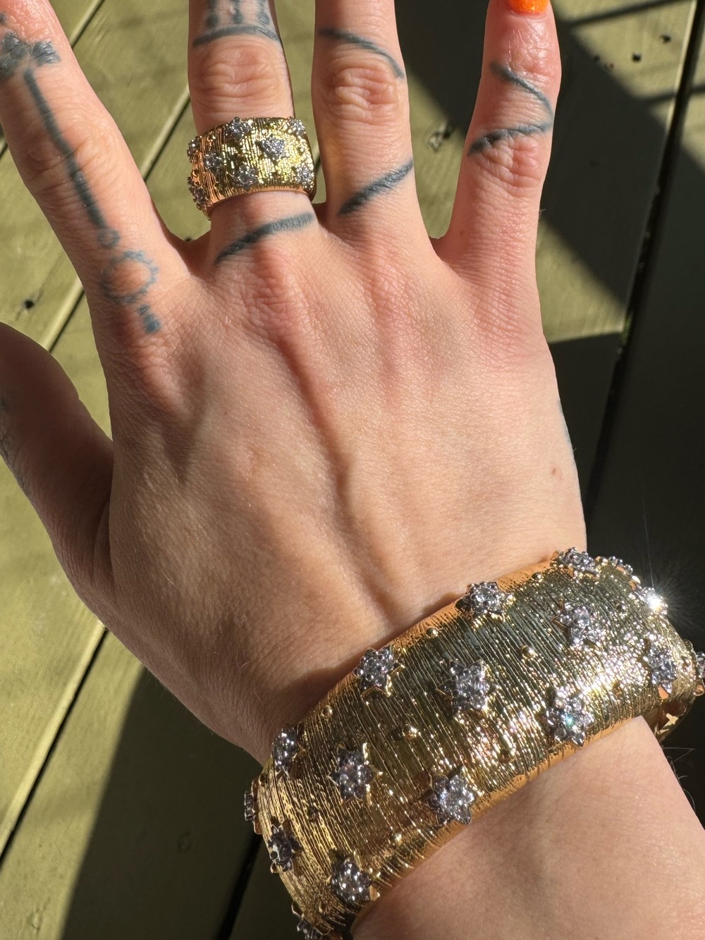 Chunky Gold Crystal Flower Cuff Bracelet and Ring Set